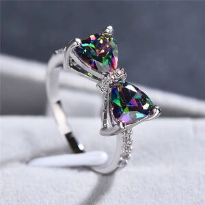 Green & Purple Iridescent Bow Cut Cubic Zirconia Ring in Silver Tone Size 8 NWT